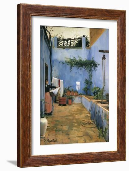 The Blue Courtyard-Santiago Rusinol-Framed Art Print