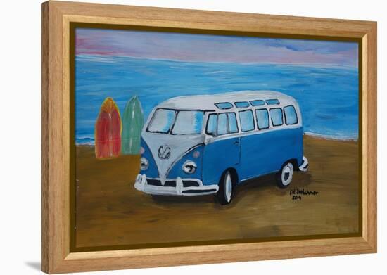 The Blue Volkswagen Bulli Surf Bus with Surf Board-Martina Bleichner-Framed Stretched Canvas