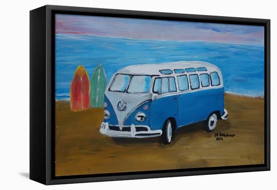 The Blue Volkswagen Bulli Surf Bus with Surf Board-Martina Bleichner-Framed Stretched Canvas