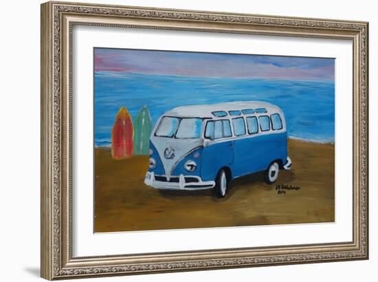 The Blue Volkswagen Bulli Surf Bus with Surf Board-Martina Bleichner-Framed Art Print