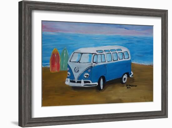 The Blue Volkswagen Bulli Surf Bus with Surf Board-Martina Bleichner-Framed Art Print