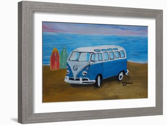 The Blue Volkswagen Bulli Surf Bus with Surf Board-Martina Bleichner-Framed Art Print