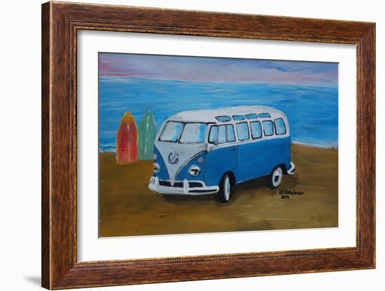 The Blue Volkswagen Bulli Surf Bus with Surf Board-Martina Bleichner-Framed Art Print