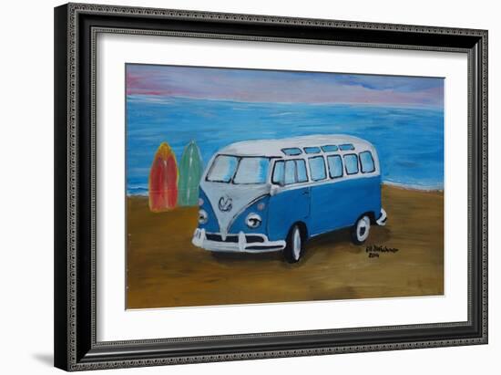 The Blue Volkswagen Bulli Surf Bus with Surf Board-Martina Bleichner-Framed Art Print