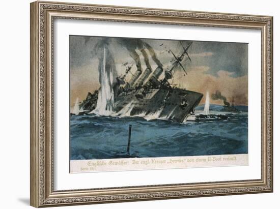 The British Cruiser "Hermes" is Torpedoed and Sunk by a German U-Boat-null-Framed Art Print