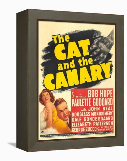 THE CAT AND THE CANARY, from left: Paulette Goddard, Bob Hope on window card, 1939.-null-Framed Stretched Canvas