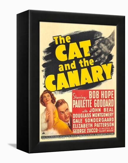 THE CAT AND THE CANARY, from left: Paulette Goddard, Bob Hope on window card, 1939.-null-Framed Stretched Canvas