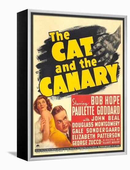 THE CAT AND THE CANARY, from left: Paulette Goddard, Bob Hope on window card, 1939.-null-Framed Stretched Canvas