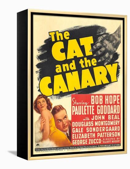 THE CAT AND THE CANARY, from left: Paulette Goddard, Bob Hope on window card, 1939.-null-Framed Stretched Canvas