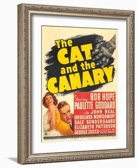 THE CAT AND THE CANARY, from left: Paulette Goddard, Bob Hope on window card, 1939.-null-Framed Art Print