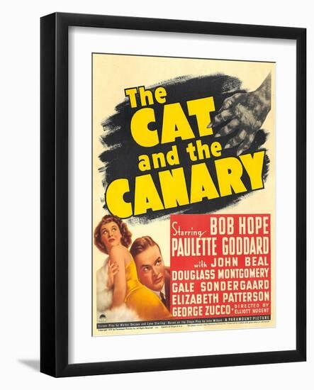 THE CAT AND THE CANARY, from left: Paulette Goddard, Bob Hope on window card, 1939.-null-Framed Art Print