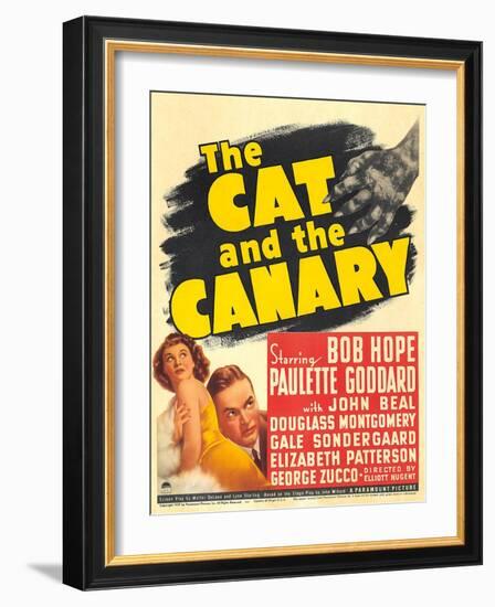 THE CAT AND THE CANARY, from left: Paulette Goddard, Bob Hope on window card, 1939.-null-Framed Art Print