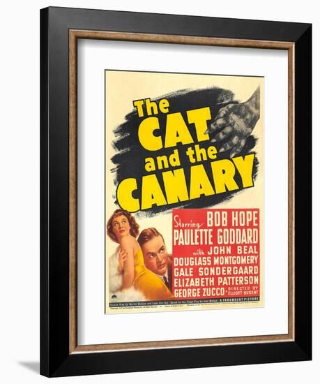 THE CAT AND THE CANARY, from left: Paulette Goddard, Bob Hope on window card, 1939.-null-Framed Premium Giclee Print