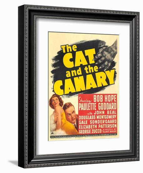 THE CAT AND THE CANARY, from left: Paulette Goddard, Bob Hope on window card, 1939.-null-Framed Premium Giclee Print