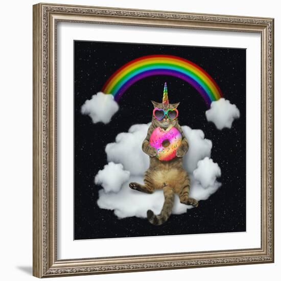 The Cat Unicorn in Sunglasses with a Color Donut is Sitting on the Cloud like a Couch. the Rainbow-null-Framed Photographic Print