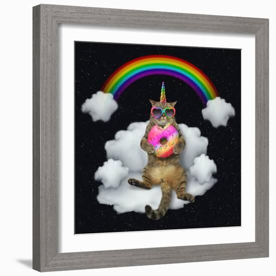 The Cat Unicorn in Sunglasses with a Color Donut is Sitting on the Cloud like a Couch. the Rainbow-null-Framed Photographic Print