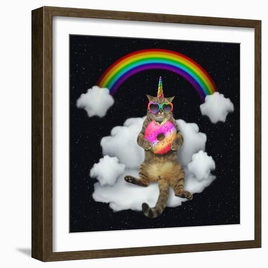 The Cat Unicorn in Sunglasses with a Color Donut is Sitting on the Cloud like a Couch. the Rainbow-null-Framed Photographic Print