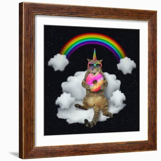 The Cat Unicorn in Sunglasses with a Color Donut is Sitting on the Cloud like a Couch. the Rainbow-null-Framed Photographic Print