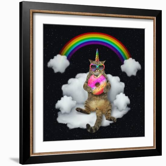 The Cat Unicorn in Sunglasses with a Color Donut is Sitting on the Cloud like a Couch. the Rainbow-null-Framed Photographic Print