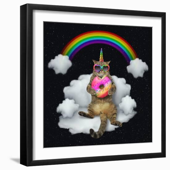 The Cat Unicorn in Sunglasses with a Color Donut is Sitting on the Cloud like a Couch. the Rainbow-null-Framed Photographic Print