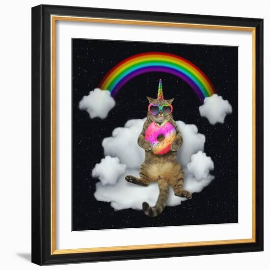 The Cat Unicorn in Sunglasses with a Color Donut is Sitting on the Cloud like a Couch. the Rainbow-null-Framed Photographic Print