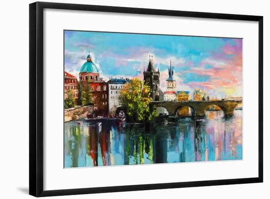 The Charles Bridge over Vltava River in Prague in a Warm Sunset Lights. Original Oil Painting on Ca-null-Framed Premium Giclee Print