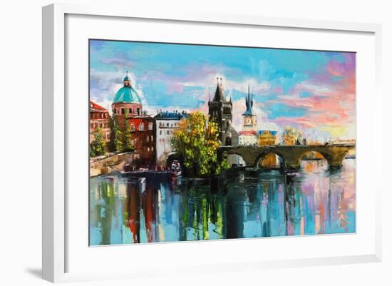 The Charles Bridge over Vltava River in Prague in a Warm Sunset Lights. Original Oil Painting on Ca-null-Framed Premium Giclee Print