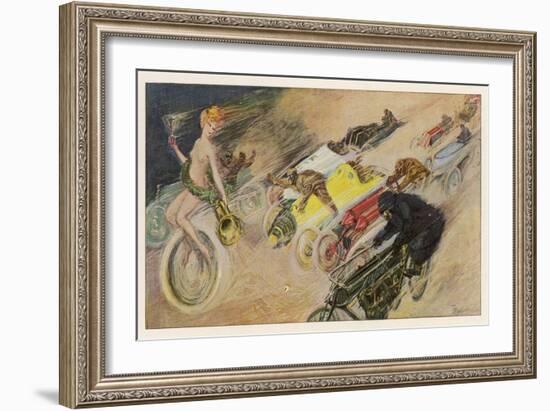 The Chase!, a Symbolic Depicting of the Immense Enthusiasm for Motor Racing-Johann Martini-Framed Art Print