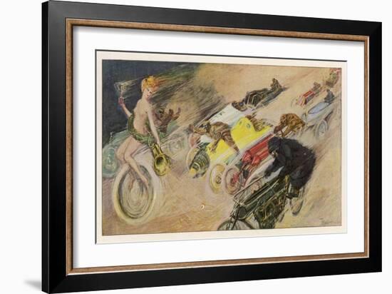 The Chase!, a Symbolic Depicting of the Immense Enthusiasm for Motor Racing-Johann Martini-Framed Art Print