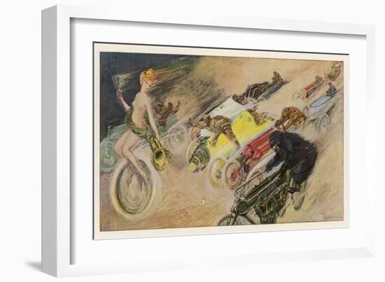 The Chase!, a Symbolic Depicting of the Immense Enthusiasm for Motor Racing-Johann Martini-Framed Art Print