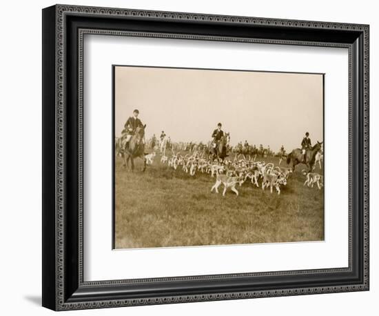 The Chase of the Devon and Somerset Stag Hunt with Horses and Hounds Running Downhill England-null-Framed Photographic Print