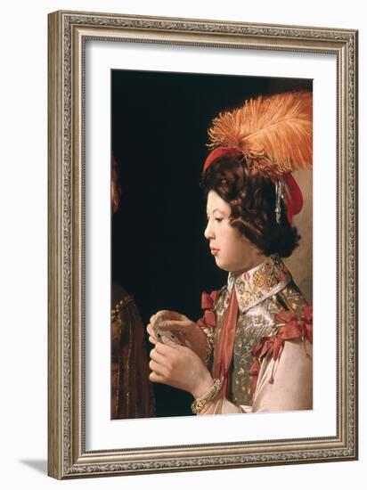 The Cheat with the Ace of Diamonds, Detail Depicting the Male Card Player with the Feathered Hat-Georges de La Tour-Framed Giclee Print