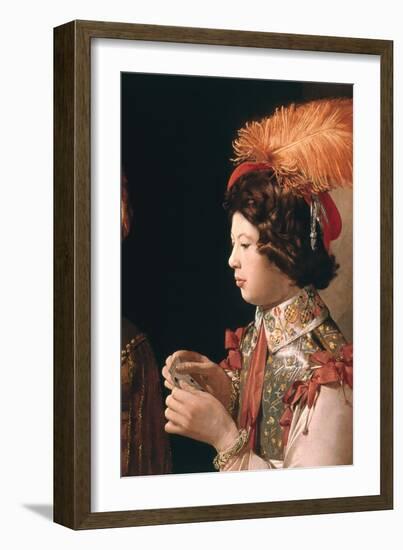 The Cheat with the Ace of Diamonds, Detail Depicting the Male Card Player with the Feathered Hat-Georges de La Tour-Framed Giclee Print