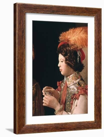 The Cheat with the Ace of Diamonds, Detail Depicting the Male Card Player with the Feathered Hat-Georges de La Tour-Framed Giclee Print