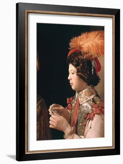 The Cheat with the Ace of Diamonds, Detail Depicting the Male Card Player with the Feathered Hat-Georges de La Tour-Framed Giclee Print