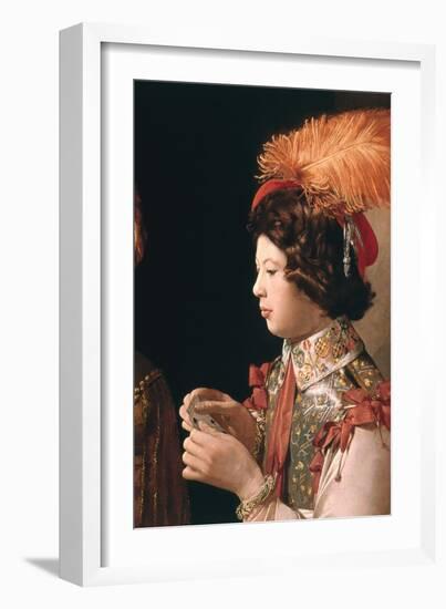 The Cheat with the Ace of Diamonds, Detail Depicting the Male Card Player with the Feathered Hat-Georges de La Tour-Framed Giclee Print