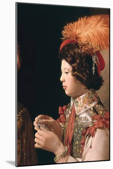 The Cheat with the Ace of Diamonds, Detail Depicting the Male Card Player with the Feathered Hat-Georges de La Tour-Mounted Giclee Print