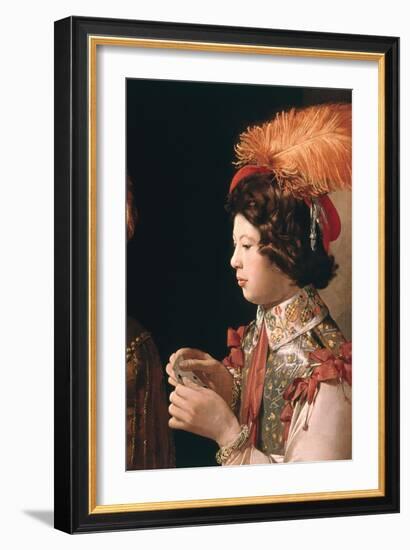 The Cheat with the Ace of Diamonds, Detail Depicting the Male Card Player with the Feathered Hat-Georges de La Tour-Framed Giclee Print