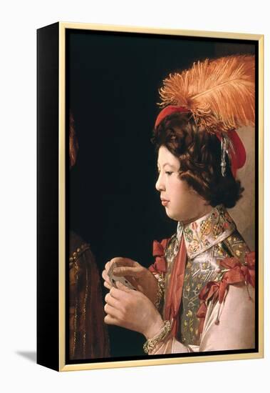 The Cheat with the Ace of Diamonds, Detail Depicting the Male Card Player with the Feathered Hat-Georges de La Tour-Framed Premier Image Canvas