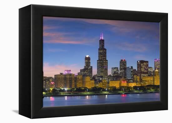 The Chicago Skyline over Lake Michigan at Dusk-Jon Hicks-Framed Premier Image Canvas