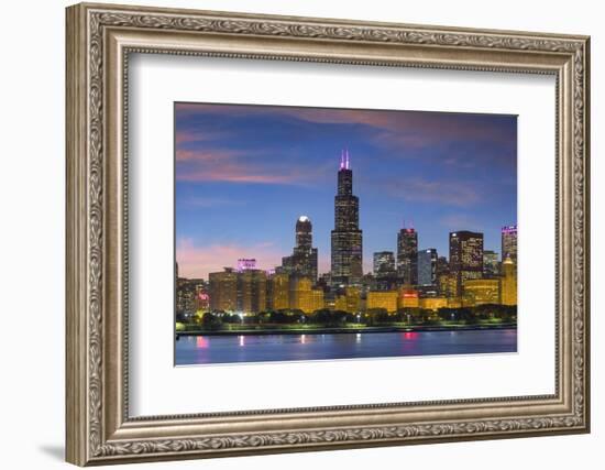 The Chicago Skyline over Lake Michigan at Dusk-Jon Hicks-Framed Photographic Print