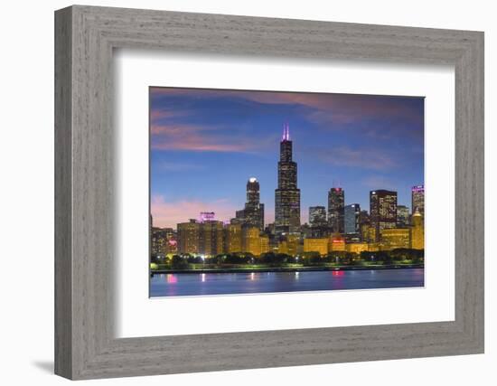 The Chicago Skyline over Lake Michigan at Dusk-Jon Hicks-Framed Photographic Print