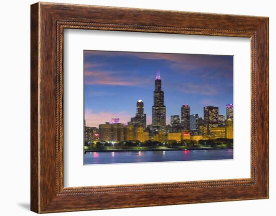 The Chicago Skyline over Lake Michigan at Dusk-Jon Hicks-Framed Photographic Print