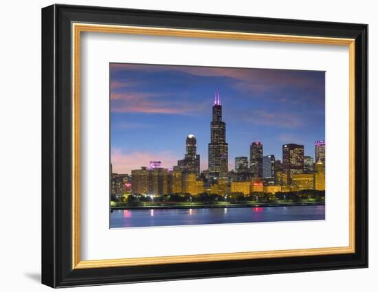 The Chicago Skyline over Lake Michigan at Dusk-Jon Hicks-Framed Photographic Print