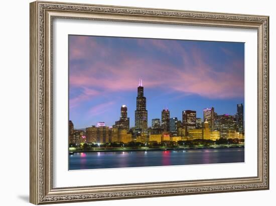 The Chicago Skyline over Lake Michigan at Dusk-Jon Hicks-Framed Photographic Print