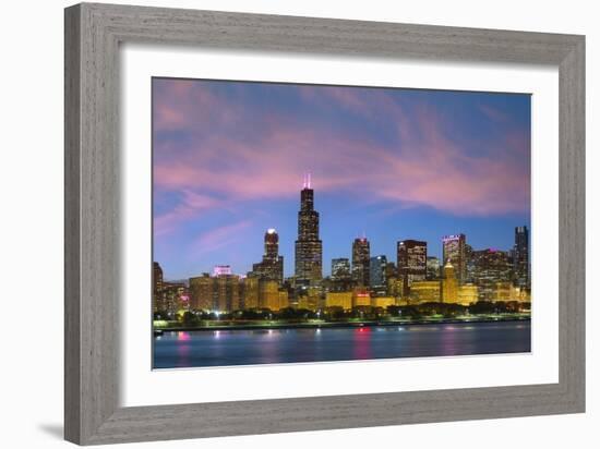 The Chicago Skyline over Lake Michigan at Dusk-Jon Hicks-Framed Photographic Print