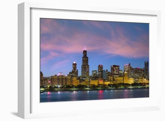 The Chicago Skyline over Lake Michigan at Dusk-Jon Hicks-Framed Photographic Print