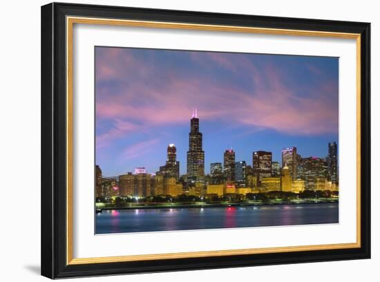 The Chicago Skyline over Lake Michigan at Dusk-Jon Hicks-Framed Photographic Print