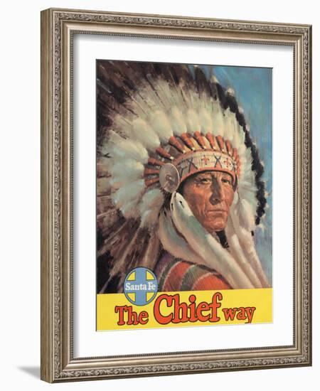 The Chief Way - Chicago to California by Train - Vintage Santa Fe Railroad Travel Poster, 1950s-Pacifica Island Art-Framed Art Print