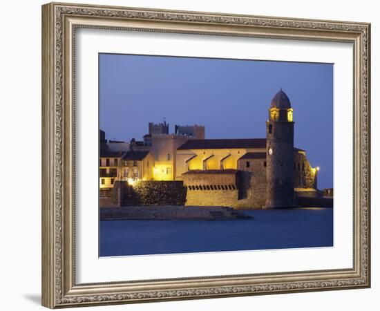 The Church of Notre-Dame-Des-Anges at Dusk from the Harbour at Collioure, Cote Vermeille, Languedoc-David Clapp-Framed Photographic Print